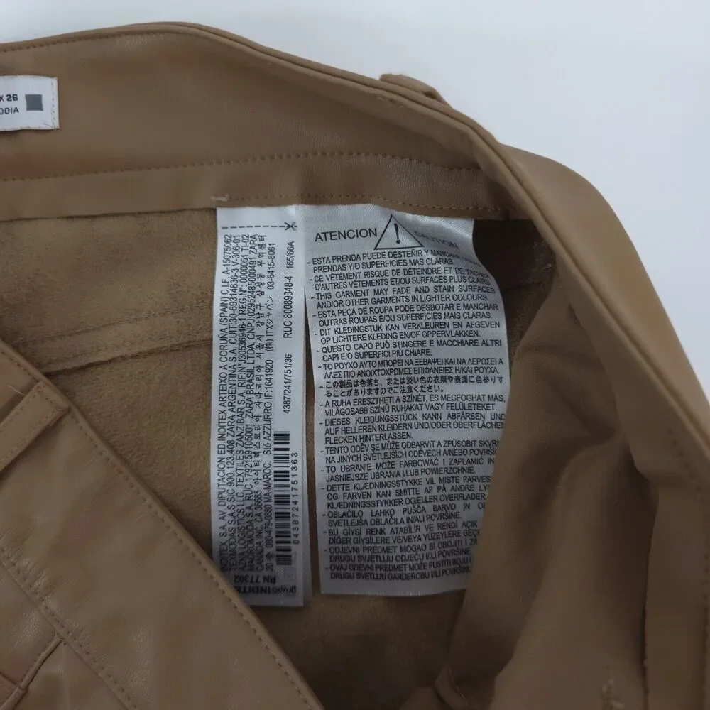 Zara Pants Womens 4 (27x25.5) Vegan Brown Faux Leather Flare Mid Rise‎